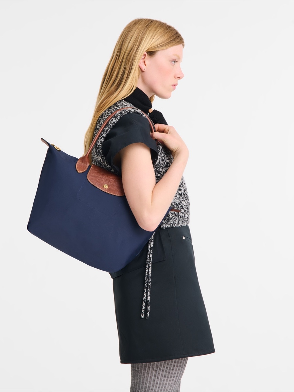 Longchamp Navy Shoulder Tote with Brown Leather Trim